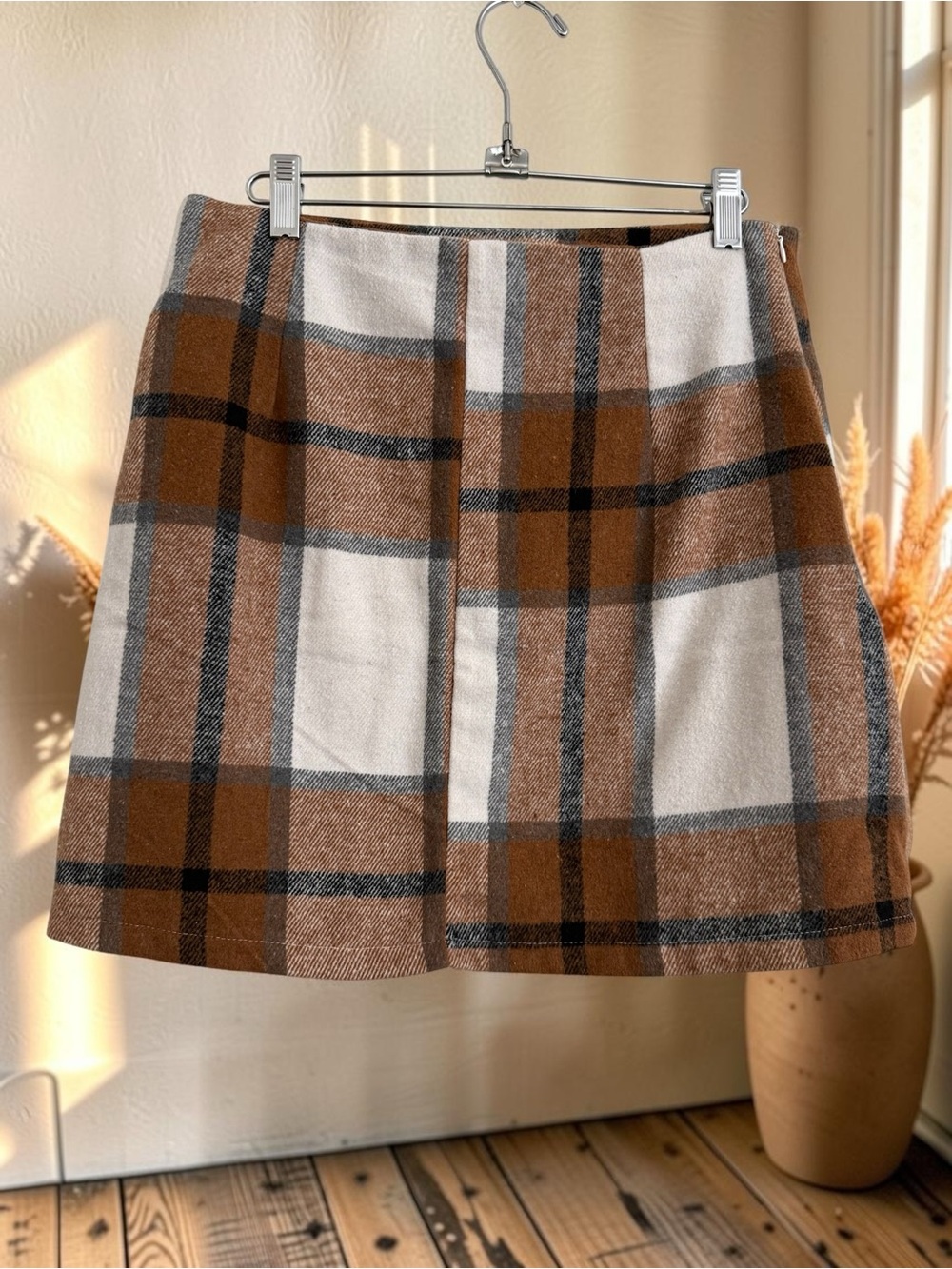 Plaid A-Line Mini Skirt in Brown and Cream - Picture 4 of 6